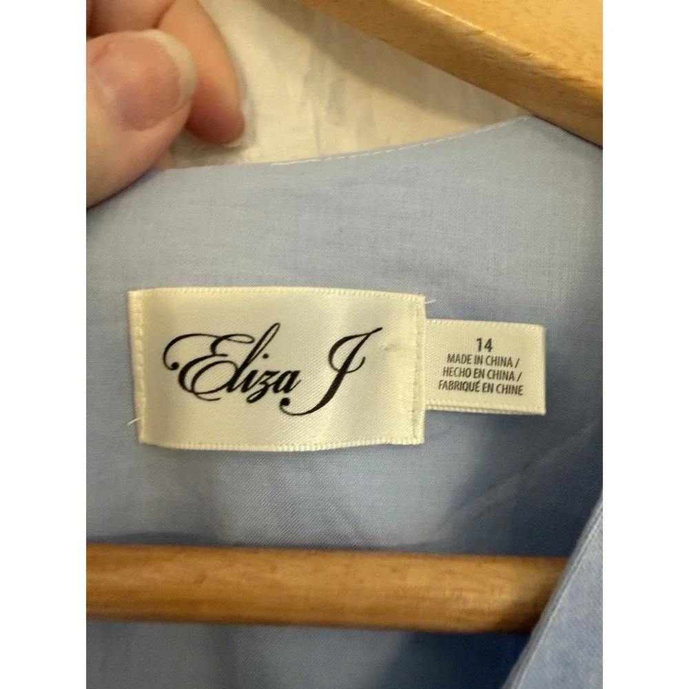 Eliza J Dress Size 14 Blue Chambray Pink Tassels Sleeveless Tiered Dress Preppy - Picture 4 of 9